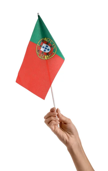 Mano Femenina Con Bandera Portugal Sobre Fondo Blanco — Foto de Stock