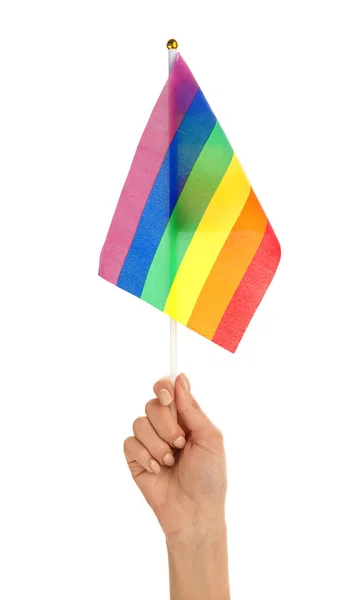 白い背景にLgbtの旗を持つ女性の手 — ストック写真