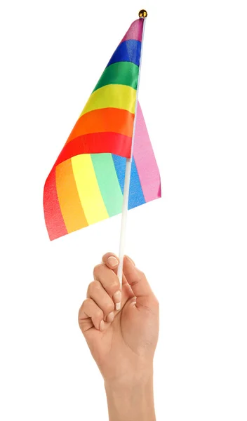 Mão Feminina Com Bandeira Lgbt Fundo Branco — Fotografia de Stock