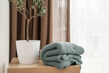 Ekose örülmüş bir masa ve ışık perdelerinin yanında saksı.