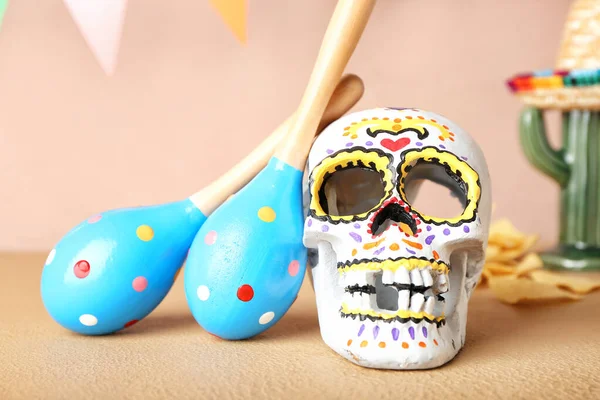 Painted Human Skull Mexico Day Dead Dia Muertos Maracas Color — Stock Photo, Image