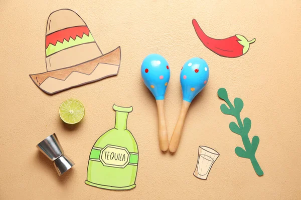 Maracas Och Symboler Mexiko Färg Bakgrund — Stockfoto