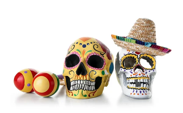 Painted Human Skulls Mexico Day Dead Dia Muertos Sombrero Maracas — Stock Photo, Image