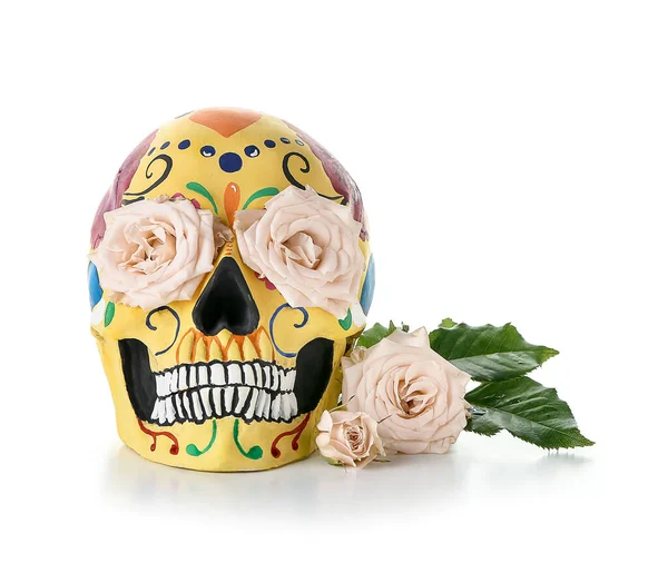 Painted Human Skull Mexico Day Dead Dia Muertos Flowers White — Stock Photo, Image