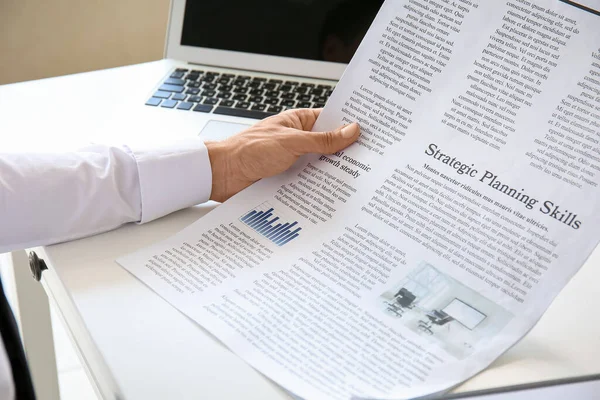 Young Businessman Reading Newspaper Office Closeup — Stock Photo, Image