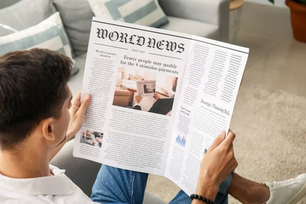 Young Man Reading Newspaper Home — Stock Photo, Image