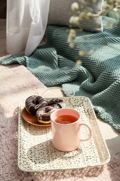Tray Cup Tea Doughnuts Windowsill — Stock Photo, Image
