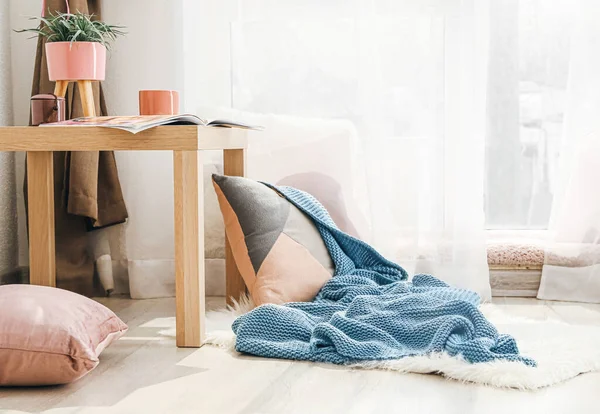 Cozy Place Rest Pillow Knitted Plaid Window — Stock Photo, Image