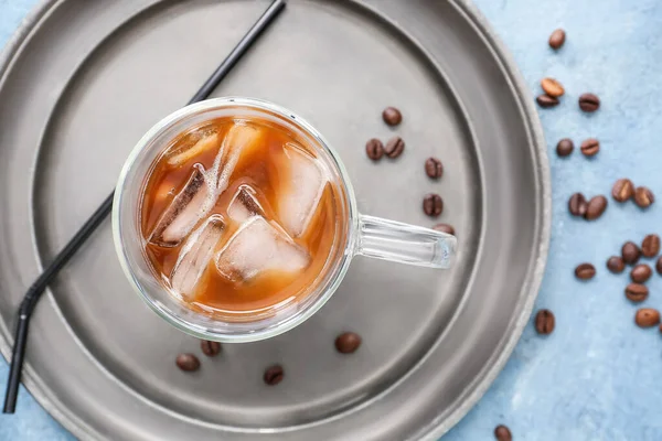 Plate Glass Cup Tasty Iced Coffee Color Background — Stock Photo, Image