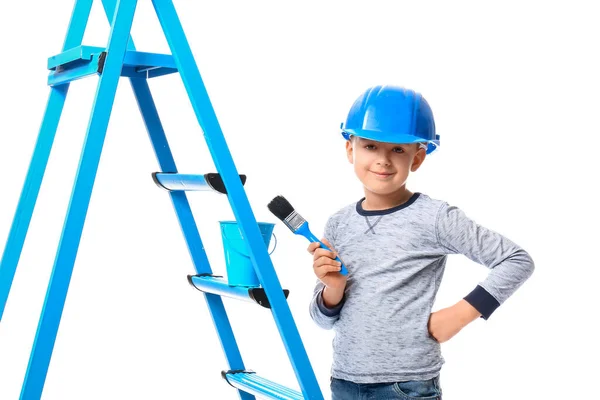 Pequeno Pintor Com Escova Escada Sobre Fundo Branco — Fotografia de Stock