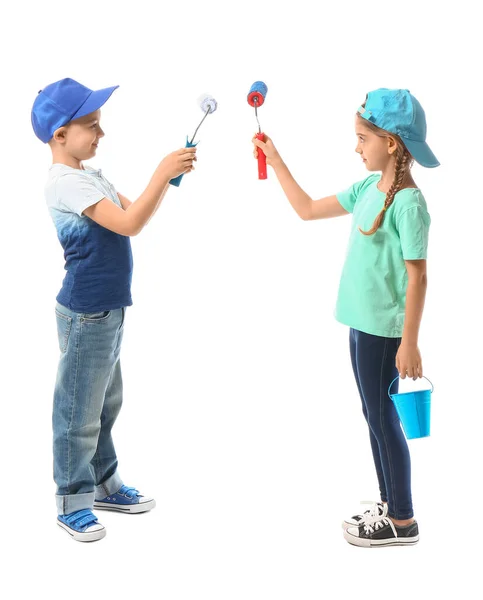 Little Children Paint Rollers White Background — Stock Photo, Image