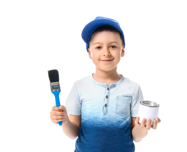 Ragazzino Con Pennello Lattina Vernice Sfondo Bianco — Foto Stock