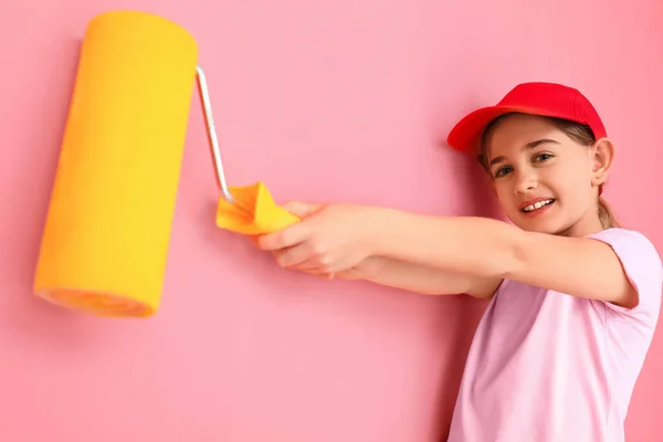 Little Girl Paint Roller Color Background — Stock Photo, Image
