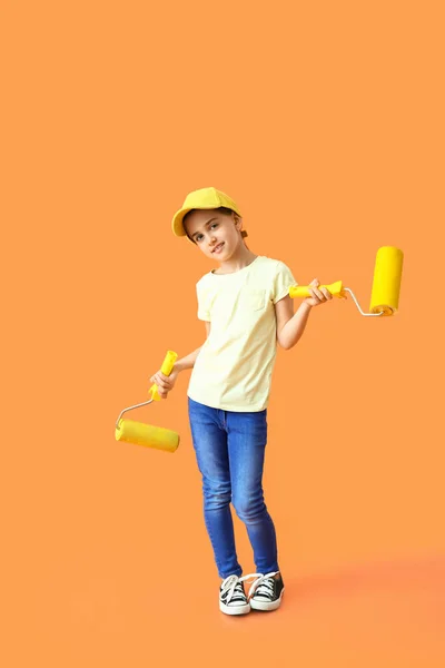 Little Girl Paint Rollers Color Background — Stock Photo, Image