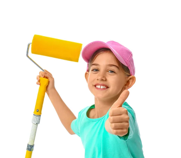 Pequeno Pintor Com Escova Rolo Mostrando Polegar Para Cima Fundo — Fotografia de Stock