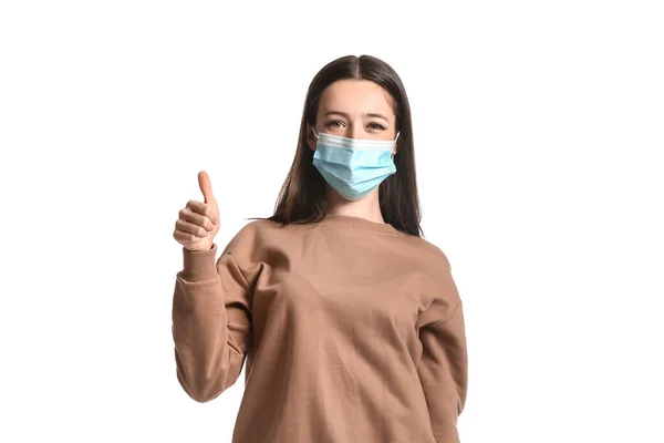 Young Woman Wearing Medical Mask Showing Thumb White Background — Stock Photo, Image