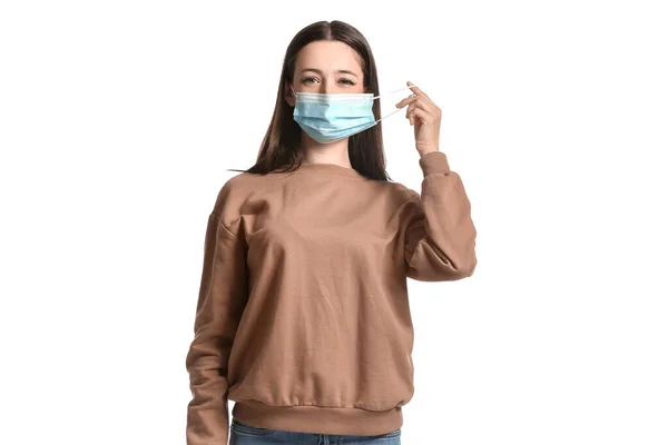 Young Woman Wearing Medical Mask White Background — Stock Photo, Image