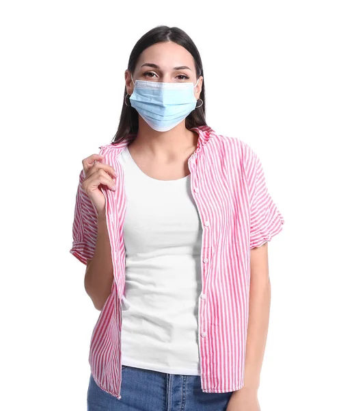 Jonge Vrouw Met Medisch Masker Witte Achtergrond — Stockfoto