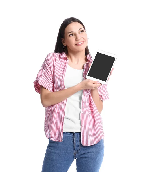 Young Woman Tablet Computer White Background — Stock Photo, Image