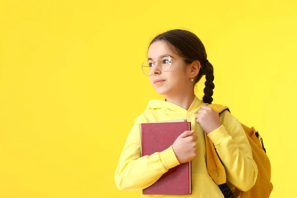 Cute Little School Girl Book Color Background — Stock Photo, Image