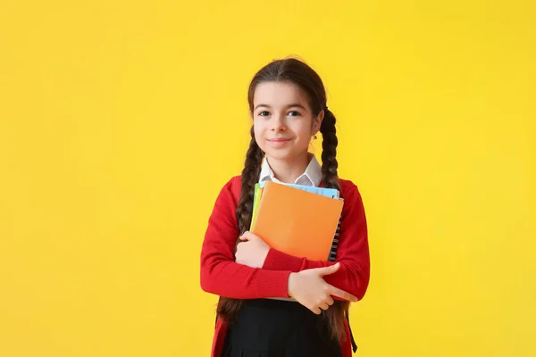 Cute Little School Girl Color Background — Stock Photo, Image