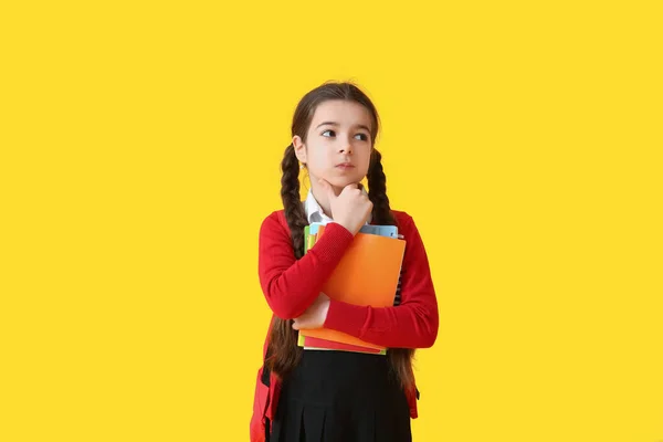 Thoughtful Little School Girl Color Background — Stock Photo, Image
