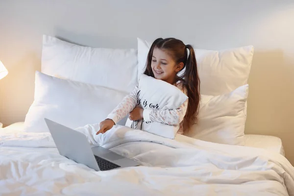Cute Girl Watching Cartoons Bedroom — Stock Photo, Image