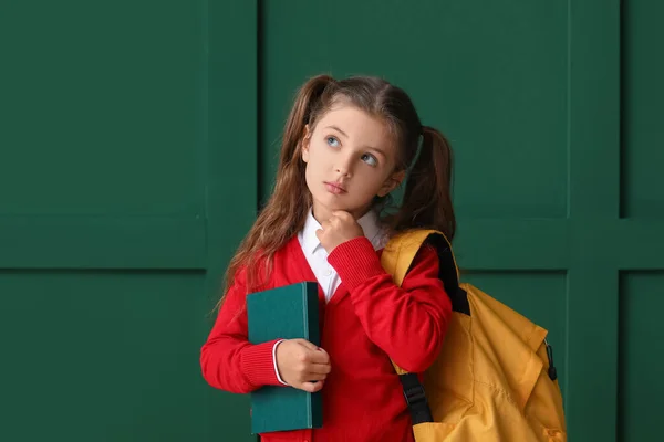 Thoughtful Little School Girl Book Color Background — Stock Photo, Image