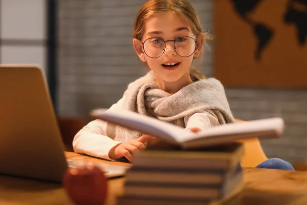 Little Girl Studying Online Home Evening — Stock Photo, Image