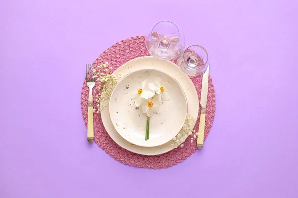 Beautiful Table Setting Narcissus Flowers Color Background — Stock Photo, Image