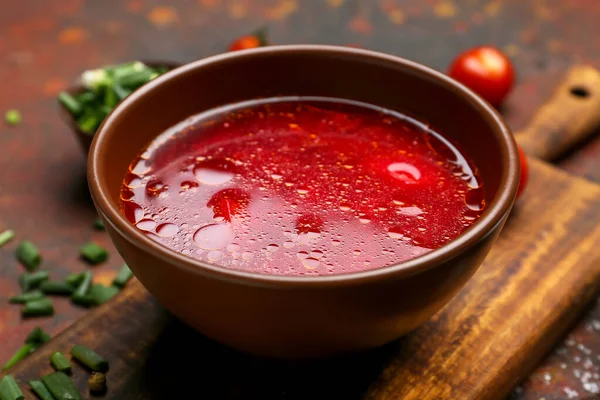 Skål Med Välsmakande Borscht Grunge Bakgrund — Stockfoto