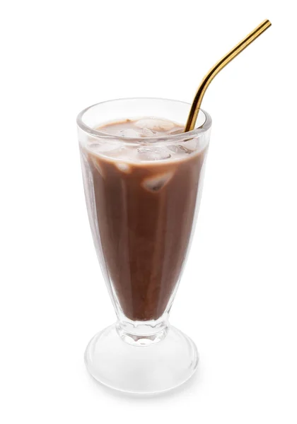 Glas Leckere Schokoladenmilch Auf Weißem Hintergrund — Stockfoto