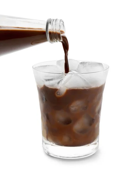 Pouring Tasty Chocolate Milk Glass White Background — Stock Photo, Image