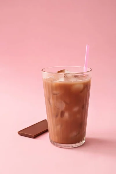 Glass Tasty Chocolate Milk Color Background — Stock Photo, Image