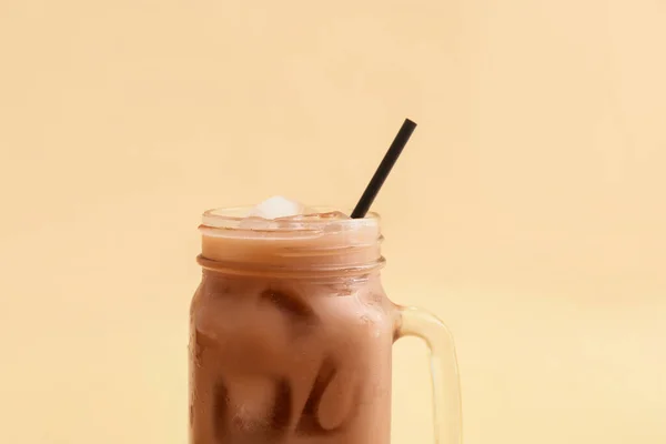 Mason Jar Tasty Chocolate Milk Color Background Closeup — Stock Photo, Image
