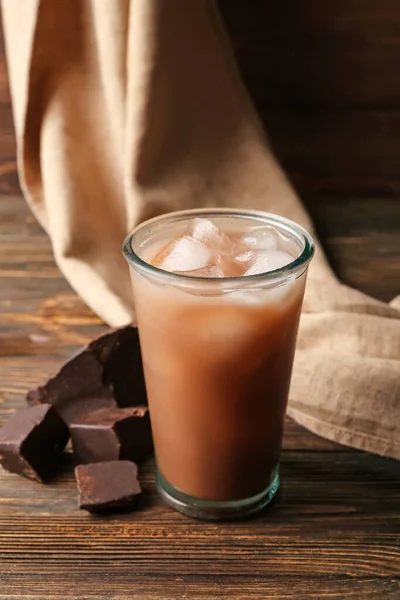 Glass Tasty Chocolate Milk Wooden Background — Stock Photo, Image