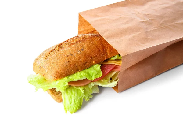 Tasche Mit Leckerem Ciabatta Sandwich Auf Weißem Hintergrund — Stockfoto