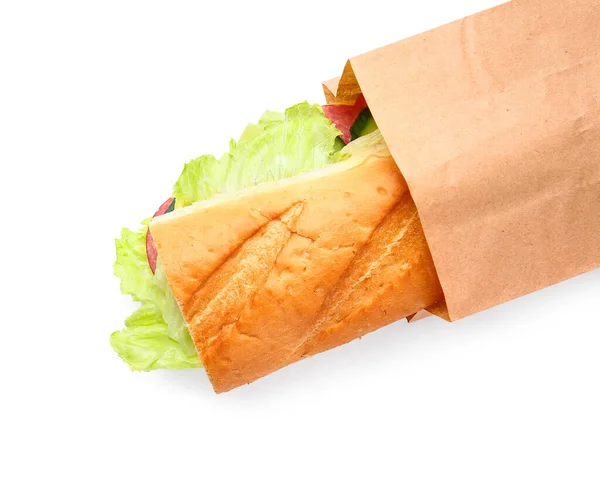 Tasche Mit Leckerem Sandwich Auf Weißem Hintergrund — Stockfoto