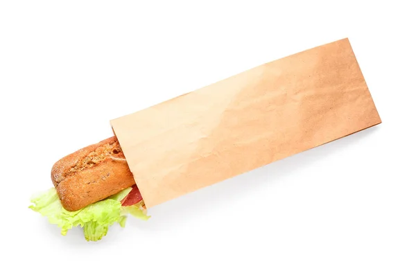 Tasche Mit Leckerem Ciabatta Sandwich Auf Weißem Hintergrund — Stockfoto