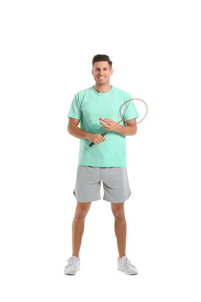 Sportowy Mężczyzna Badminton Player Białym Tle — Zdjęcie stockowe