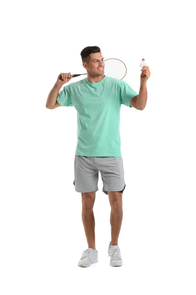 Joueur Badminton Masculin Sportif Sur Fond Blanc — Photo