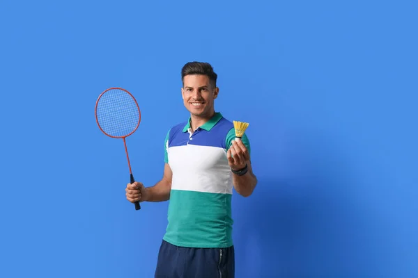 Sporty Male Badminton Player Color Background — Stock Photo, Image