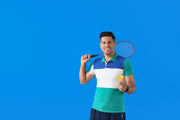 Sporty Male Badminton Player Color Background — Stock Photo, Image