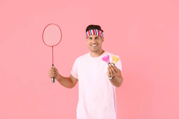 Sporty Male Badminton Player Color Background — Stock Photo, Image