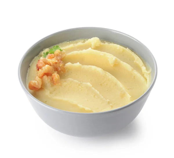 Schaal Van Smakelijke Aardappelpuree Met Knoflook Witte Achtergrond — Stockfoto