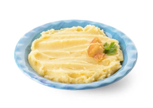 Plaat Van Smakelijke Aardappelpuree Met Knoflook Witte Achtergrond — Stockfoto