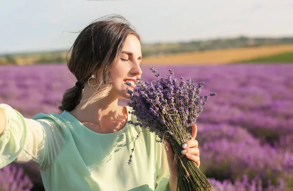 Beautiful Young Woman Taking Selfie Lavender Field — Stock Photo, Image