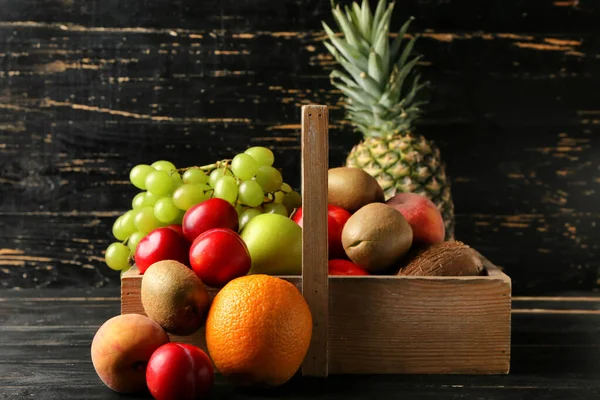 Basket Fresh Fruits Dark Wooden Background — Stock Photo, Image