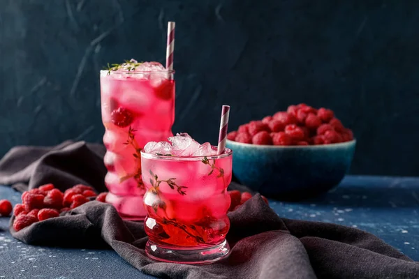 Glasses Tasty Raspberry Lemonade Berries Dark Background — Stock Photo, Image