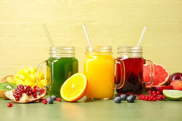 Mason Jars Healthy Juice Fruits Vegetables Color Wooden Background — Stock Photo, Image